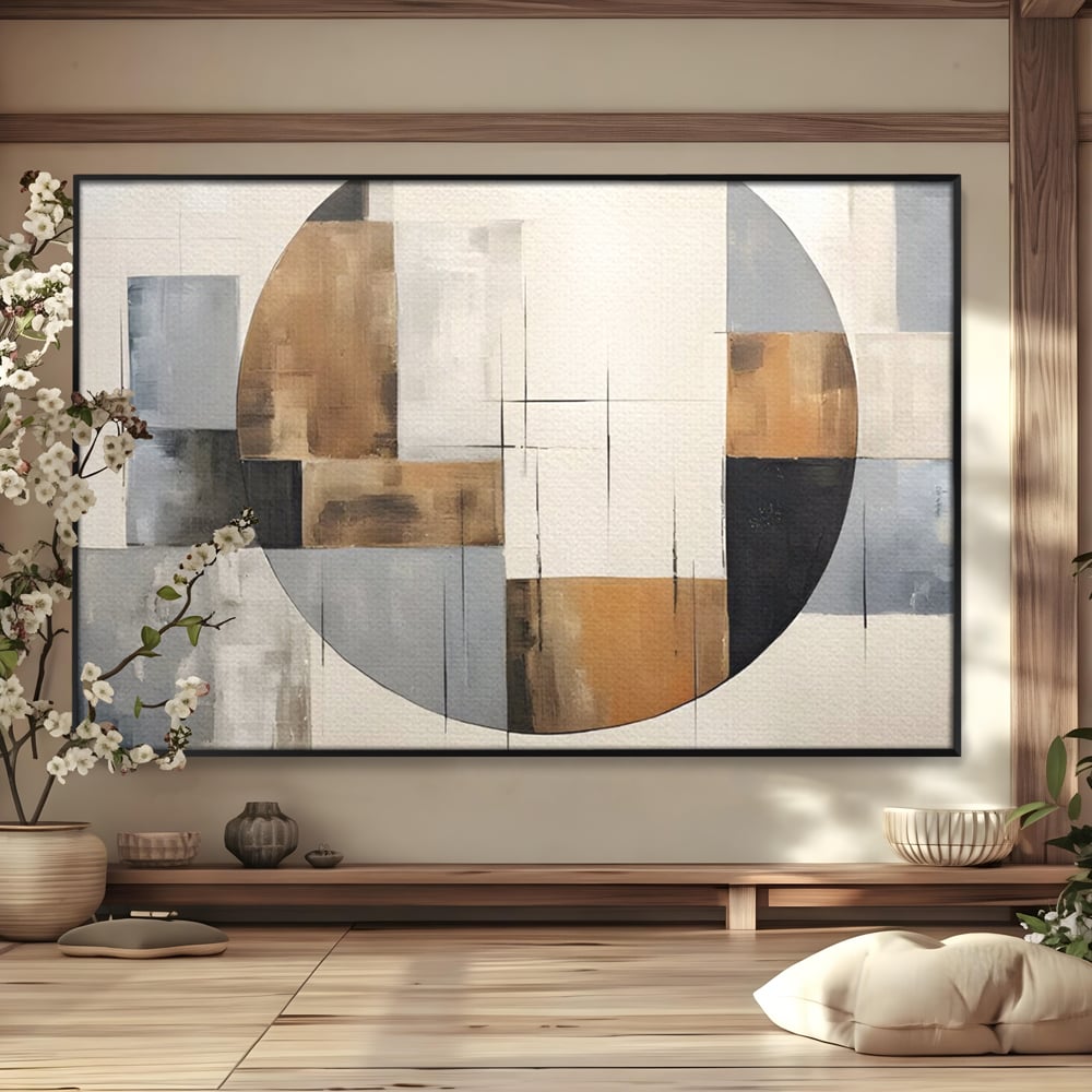 Tablou canvas cu pictura canvas cu linii negre si forme geometrice, in rama de aluminiu negru